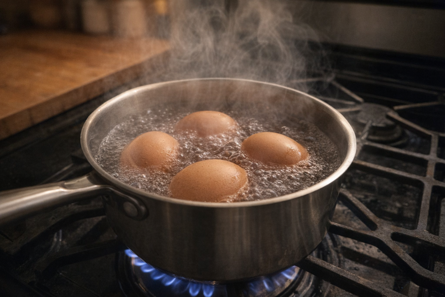An action shot of eggs gently simmering in a saucepan on a stovetop, with steam rising from the water. The lighting is warm and diffused.